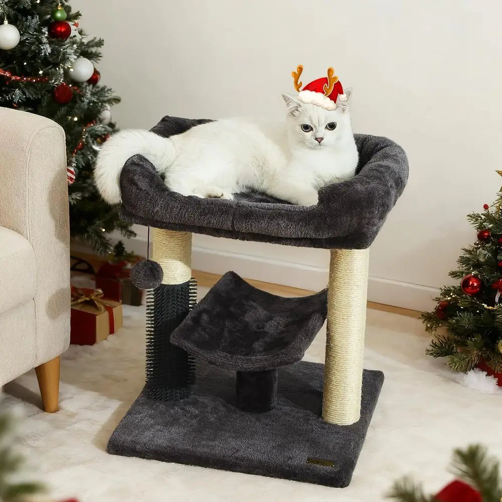 20-Inch Indoor Cat Tree Tower with Sisal Scratching Post, Plush Bed, Self-Groomer, and Hanging Toy Ball, Smoky Grey