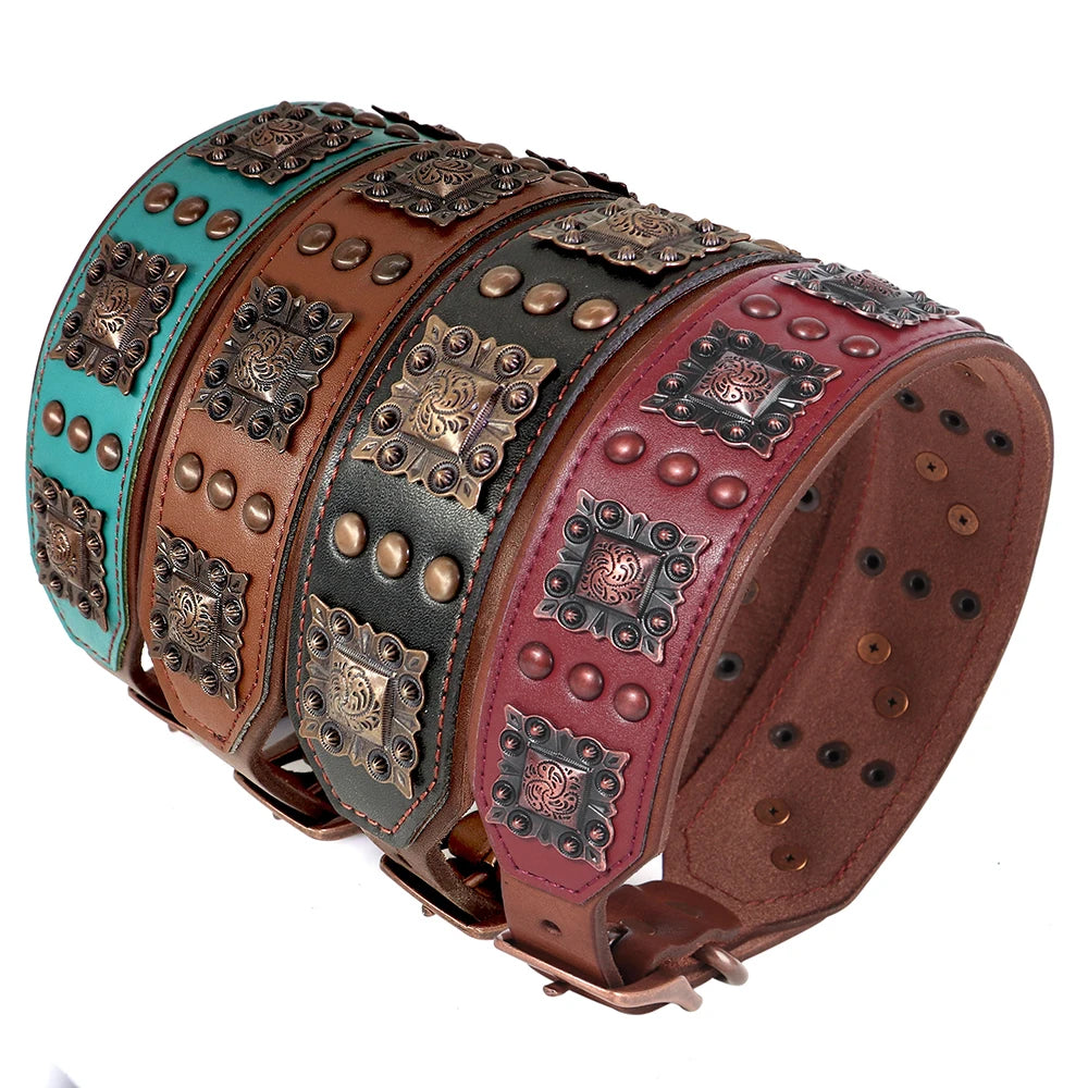 Genuine Leather Wide Dog Collar Leash Set Durable Padded Dog Collars Luxury Metal Rivet Pet Necklace With Rope for Dogs Pitbull
