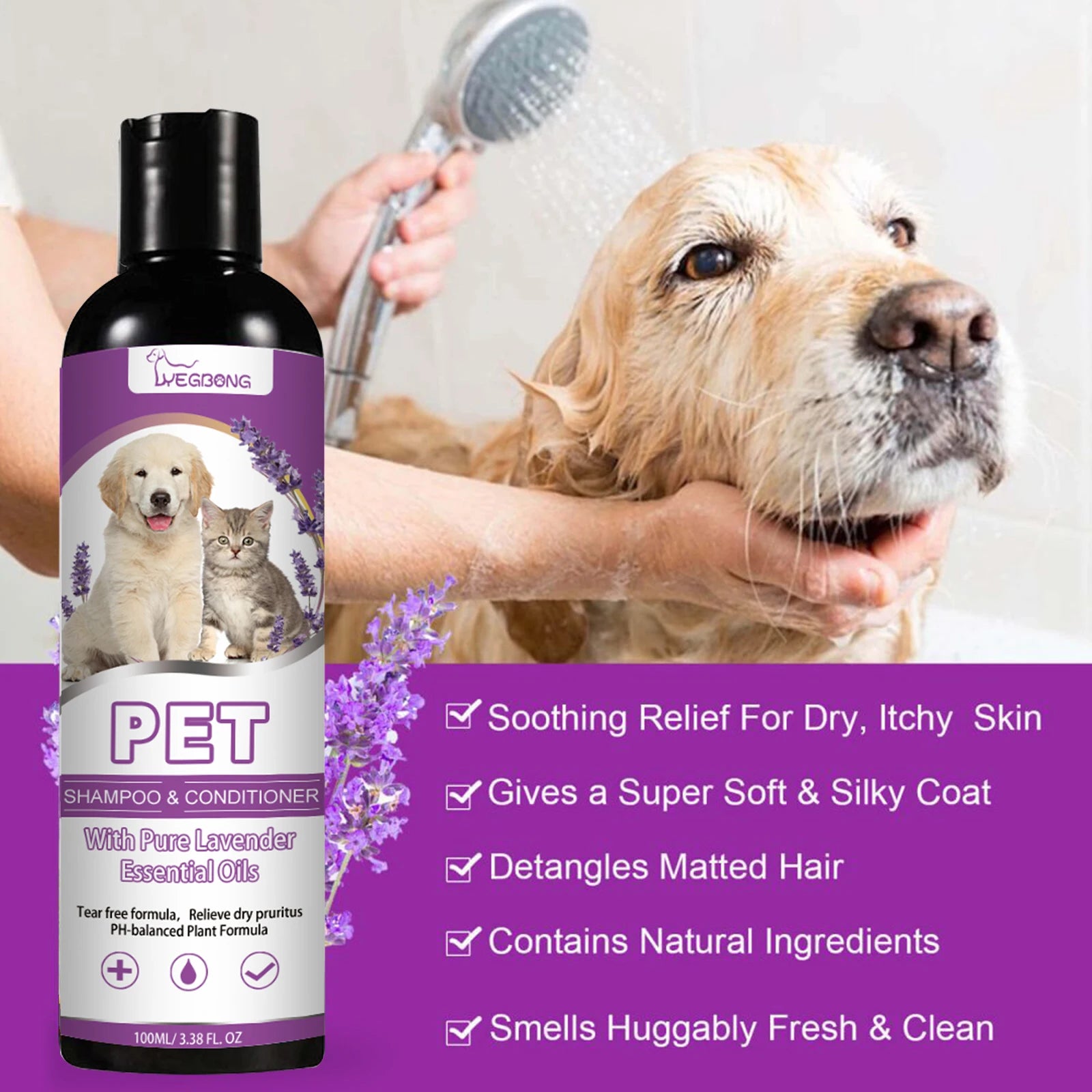 100ml Pet Shampoo And Conditioner Lavender Scent Soothe Skin Relieve Itch Deep Clean Dirt Pet Grooming Gel For Dogs And Cats