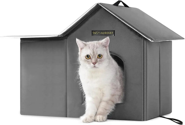 Insulated Outdoor Cat House with Mat and Clip, Weatherproof Pet Shelter for Cats Kittens Puppies, Grey Size M